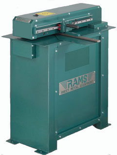 RAMS sheet metal Slitting machine available as table mount or with heavy cabinet stand.